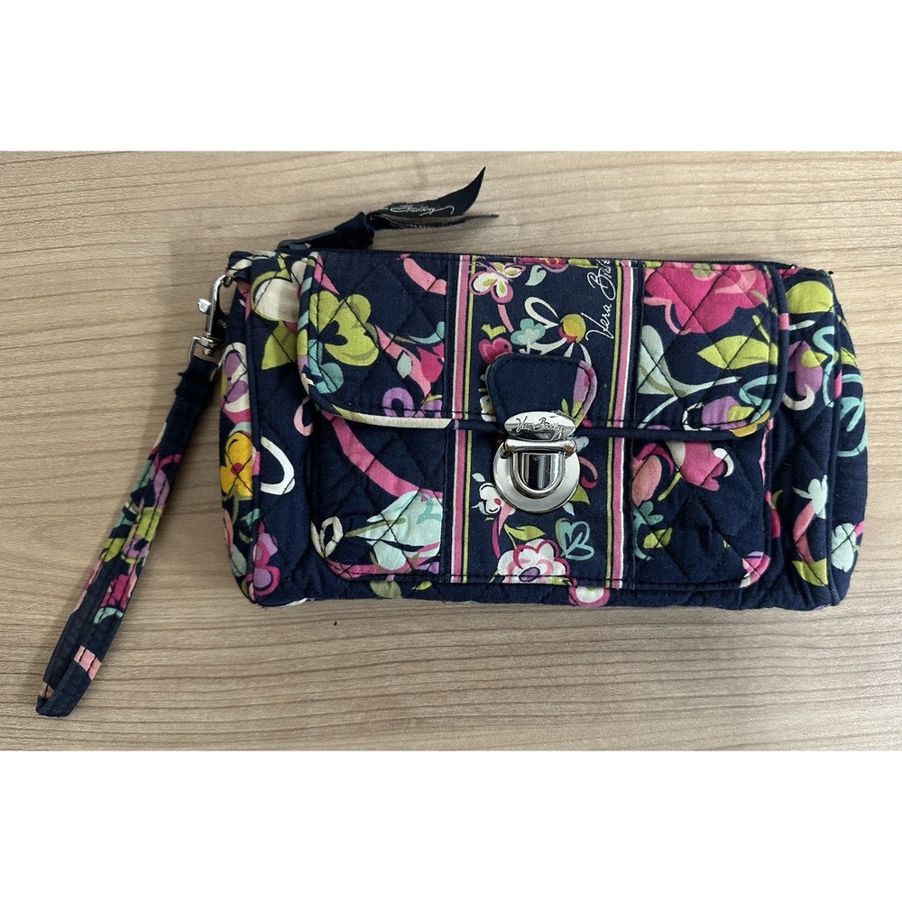 Vera Bradley Wristlet Wallet Push Lock Zip Clutch Floral Ribbons Retired Print